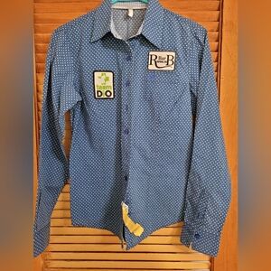 Ladies blue and white Cinch long sleeve shirt. Dry Cleaned. Size Small